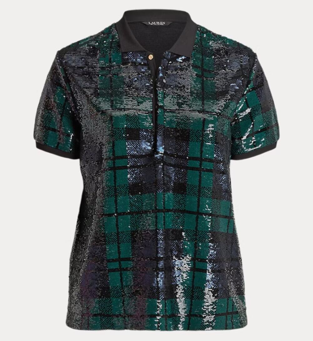 Lauren Ralph Lauren Blue Green Plaid Allover Sequin Blouse Holiday Event size 3X